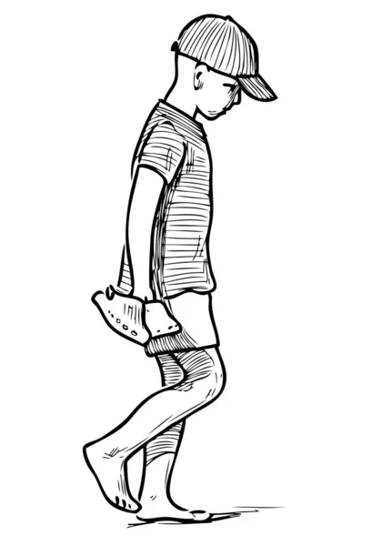 小男孩赤脚在沙滩上行走的素描 — 图库矢量图片