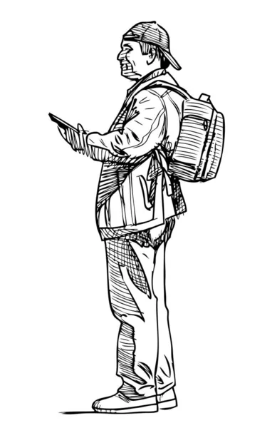 Эскиз Туриста Планшетным Стоя Глядя — стоковый вектор