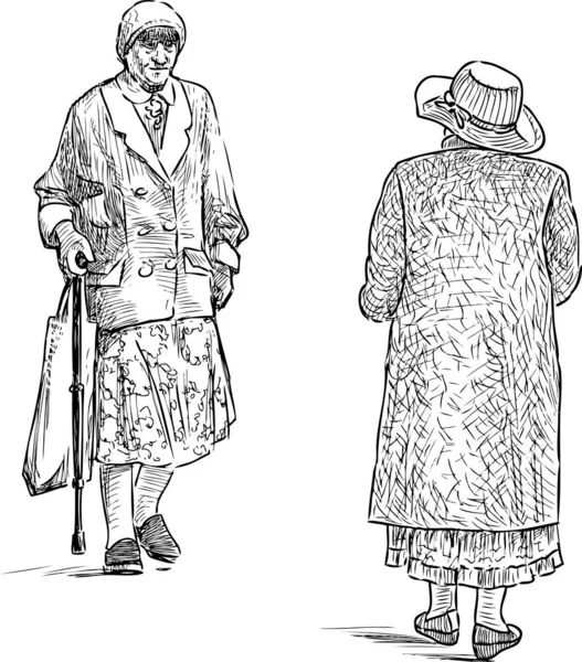Рисунок Двух Пожилых Горожан Идущих Улице — стоковый вектор