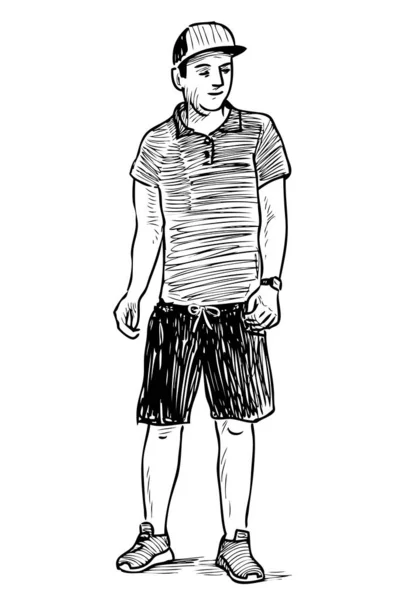 Ескіз Випадкового Хлопчика Підлітка Стоїть Посміхається Чекати — стоковий вектор