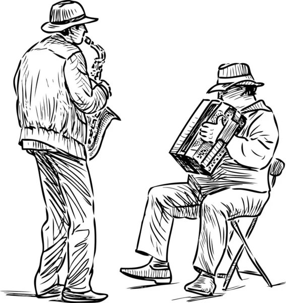 Sketch Musicians Duet Playing Accordion Saxophone — Stock Vector