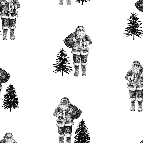Nahtlose Skizzen Des Weihnachtsmannes Mit Geschenktüte Und Tanne — Stockvektor