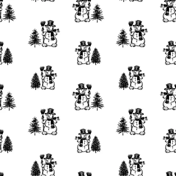 Seamless Pattern Sketches Cheerful Snowmen Christmas Trees — Stock Vector
