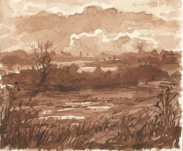 Watercolor Monochrome Landscape Countryside Rainy Overcast Weathe — Stock Photo, Image