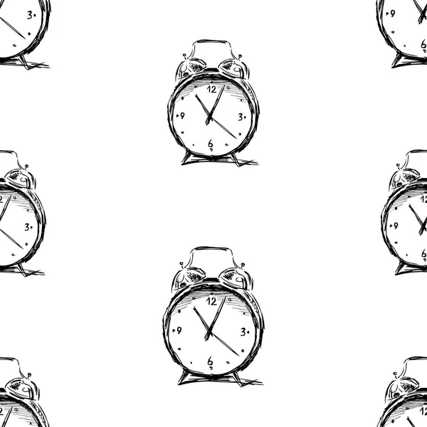 Seamless Pattern Sketches Old Alarm Clock — Stock Vector