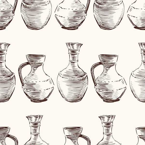 Seamless Pattern Sketches Old Ceramic Greek Pitchers — Stock Vector