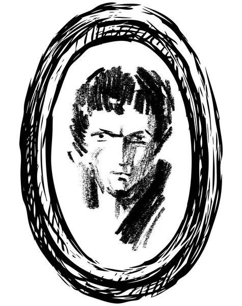 楕円形のフレームの中の肖像画の若い男のベクトル図面 — ストックベクタ