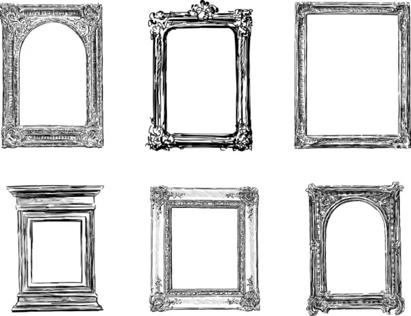 Vector Schetsen Van Set Gesneden Houten Decoratieve Frames Voor Foto — Stockvector
