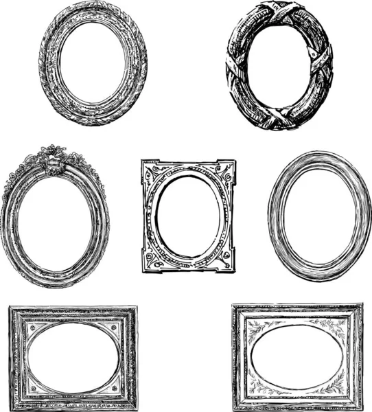 Vector Sketches Collection Old Wooden Oval Frames — Stock Vector