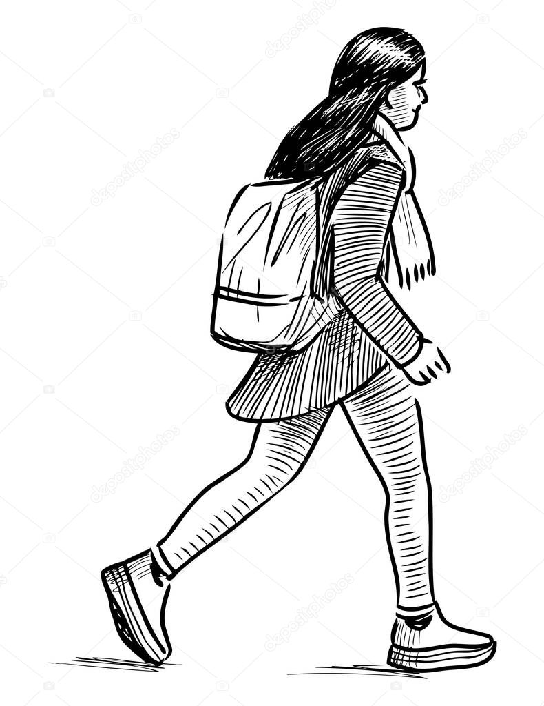 Sketch of casual student girl with backpack walking outdoors