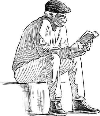 Maskeli yaşlı bir adamın çizimi. Park bankında oturmuş kitap okuyor.