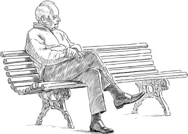 Park bankında kara kara kara düşünen yalnız yaşlı adamın çizimi.