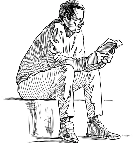 Ręczny Rysunek Mieszczanina Siedzącego Czytającego Książkę Świeżym Powietrzu — Wektor stockowy