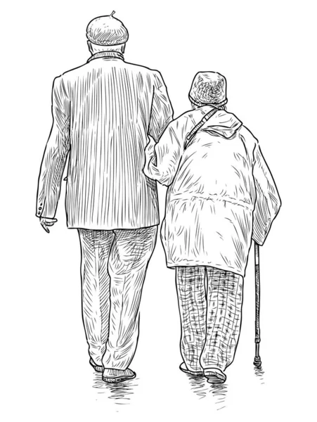 Σκίτσο Δύο Ηλικιωμένων Που Περπατούν Μαζί Κατά Μήκος Του Δρόμου — Διανυσματικό Αρχείο