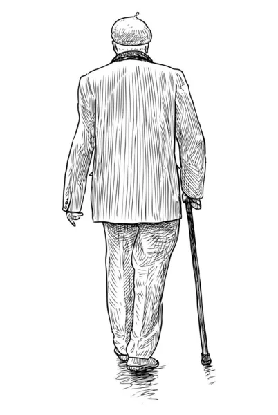 一个老人的画像 他带着手杖走在大街上 — 图库矢量图片