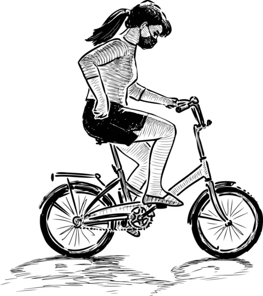 Sketsa Gadis Remaja Bertopeng Mengendarai Sepeda Pada Hari Musim Panas - Stok Vektor
