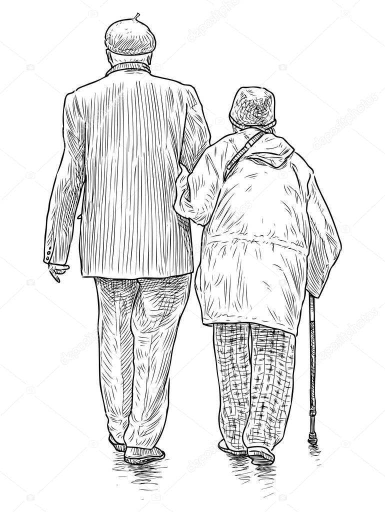 Sketch of couple old people walking together along street 