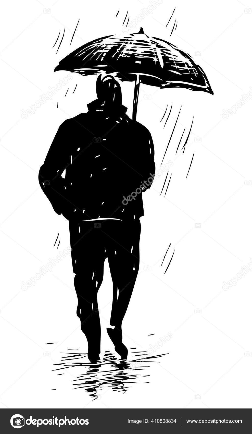 Vektorzeichnung Eines Abstrakten Stadtmenschen Der Regen Unter Einem  Regenschirm Wandelt Stock-Vektorbild von ©alekseimakarov 410808834, image size:988x1700
