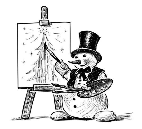 Freehand Drawing Cheerful Snowman Artist Palette Brushes Painting Christmas Tree — Stock Vector
