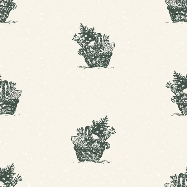 Безшовний Візерунок Намальованих Кошиків Різдвяними Подарунками — стоковий вектор