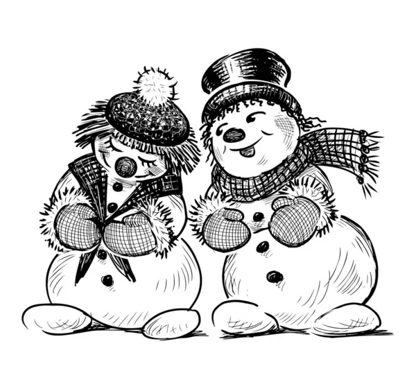 Sketch Couple Cheerful Loving Snowmen December — Stock Vector
