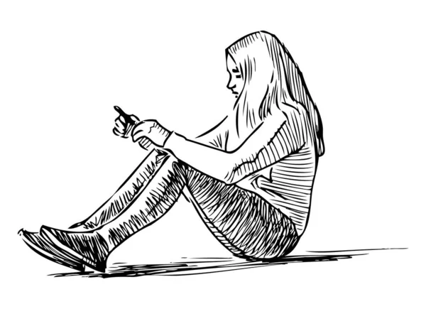 Skizze Eines Teenie Mädchens Das Sitzt Und Aufs Smartphone Schaut — Stockvektor