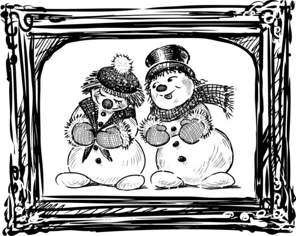 Sketch Couple Cheerful Loving Snowmen Decorative Frame — Stock Vector