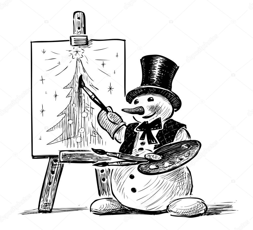 Freehand drawing of cheerful snowman artist with palette and brushes painting christmas tree