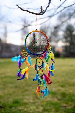 Mistik renkli rüya yakalayıcı, boho vintage dekorasyon. Doğa arkaplanı, detaylar.