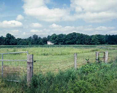 Arka planda parlak beyaz bir çiftlik evini çevreleyen yeşil bir tarla güzel mavi bir sabahta ahşap bir çitle çevrilidir. Analog renkli filme kaydedildi.