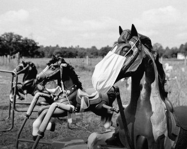 Bir dizi sallanan at, Coronavirus sosyal mesafesi için aralıklarla sahada oturuyor. İkinci atın maskesi düşerken ilk at düzgün bir şekilde maske takıyor. En uzaktaki at hiç maske takmıyor. Formatı