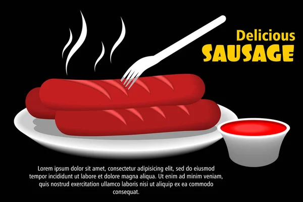 Deliciosa Salchicha Con Tenedor Salsa Chile Picante Sobre Fondo Oscuro — Archivo Imágenes Vectoriales