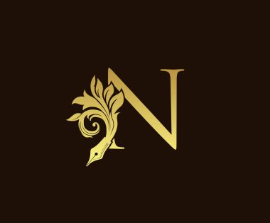 Çiçek Kalemi Altın Harf Vintage Logo Simgesi Tasarımı.