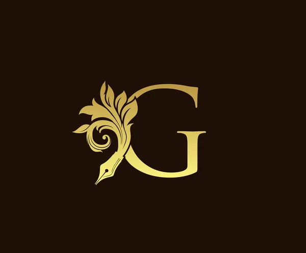 Цветочное Золото Перо Буква Винтажного Логотипа Дизайн Логотипа — стоковый вектор