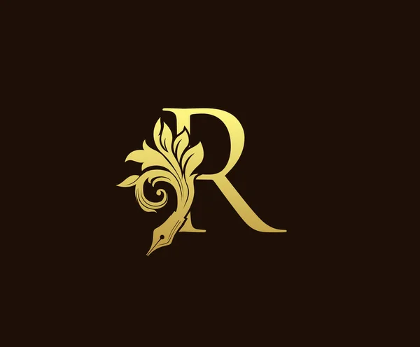 Floral Pen Gold Letter Vintage Logo Icon Design — 스톡 벡터