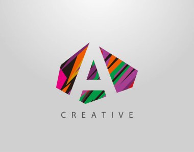 Yaratıcı Harf A logosu. Soyut A harfi tasarımı, çeşitli renk şeritlerinden oluşan negatif uzay logosu.