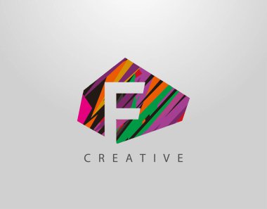 Yaratıcı F harfi logosu. Soyut F harfi tasarımı, çeşitli renk şeritlerinden oluşan Negatif Alan logosu.