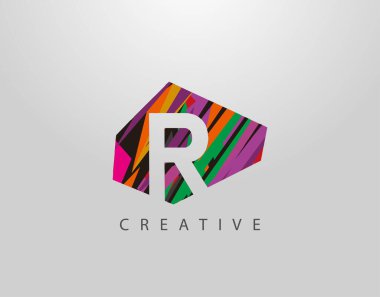 Yaratıcı Harf R logosu. Soyut R harfi tasarımı, çeşitli renk şeritlerinden yapılmış..