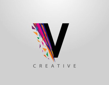 Yaratıcı Harf V logosu. Mozaik Soyut V harf tasarımı, çeşitli renk şeritlerinden yapılmış.