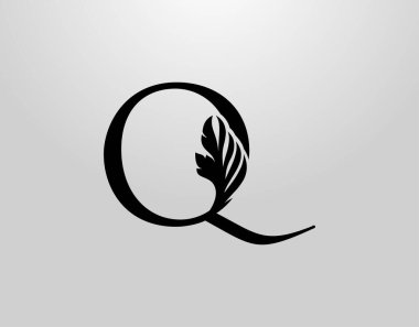 Baş harfi Q Girdap Logosu. Klasik Q Harf Tasarım Vektörü Siyah Renkli ve Çiçekli El Çizimi.
