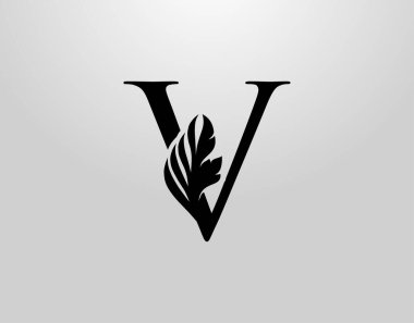 V harfli girdap logosu. Klasik V Harf Tasarım Vektörü Siyah Renkli ve Çiçekli El Çizimi.
