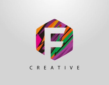 Soyut Altıgen F Harfi Logosu. Yaratıcı Renkli Şeritlerle İlk F 