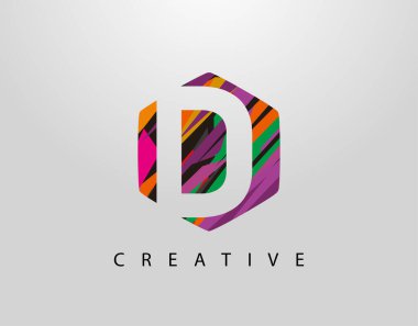 Soyut Hexagon D Harf Logosu. Yaratıcı Renkli Şeritlerle İlk D 