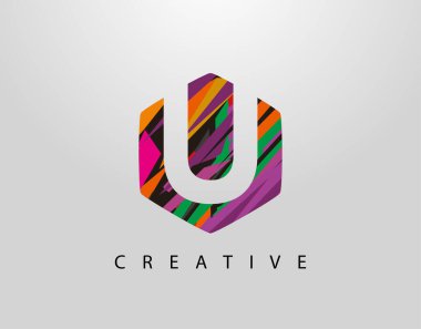 Soyut Altıgen U Harf Logosu. Yaratıcı Renkli Şeritlerle İlk U 