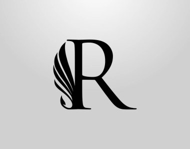 Baş harfi R Klasik Kanat Logosu. Heraldik R Harf Tasarım Vektörü Kanat ve Masal Şekli Tasarım.