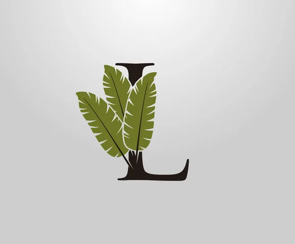 带有绿色香蕉叶子的L字母 热带字母符号设计概念 — 图库矢量图片