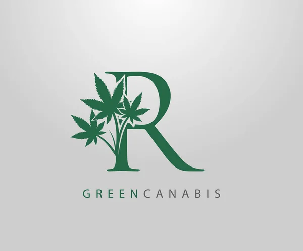R yeşil Canabis logosu, Tıbbi Marihuana Yaprak Tasarımı ile R harfi.