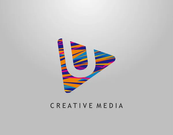 U字ロゴ ビデオストリーミングのコンセプトに最適な再生アイコン上のカラフルなポップアートストリップ — ストックベクタ