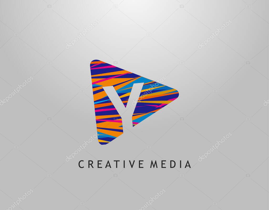 Y Letter Logo. Colorful Pop Art Strip on PLay Icon Perfect for Cinema, Movie, Music,Video Streaming Concept.