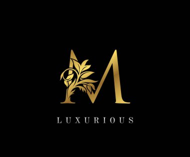 Klas Altın M harfi çiçek logosu. Kitap tasarımı için klasik amblem, yabani otlar, etiket, kartvizit, restoran, butik, otel. 